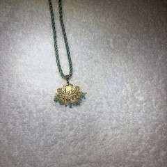 Vintage Indian Style, Gold, Toned Pendant necklace, Twisted Teal Silk Dori Cord