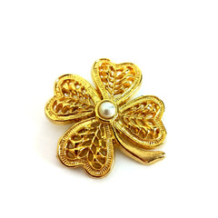 Vintage Four Leaf Clover Small Brooch Faux Pearl Gold Tone Open Work Signed AAI