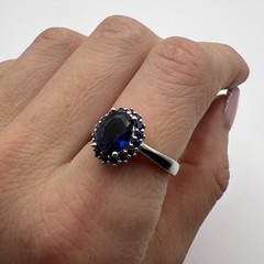 925 Sterling Silver Blue Sapphire Ring with Halo Stones