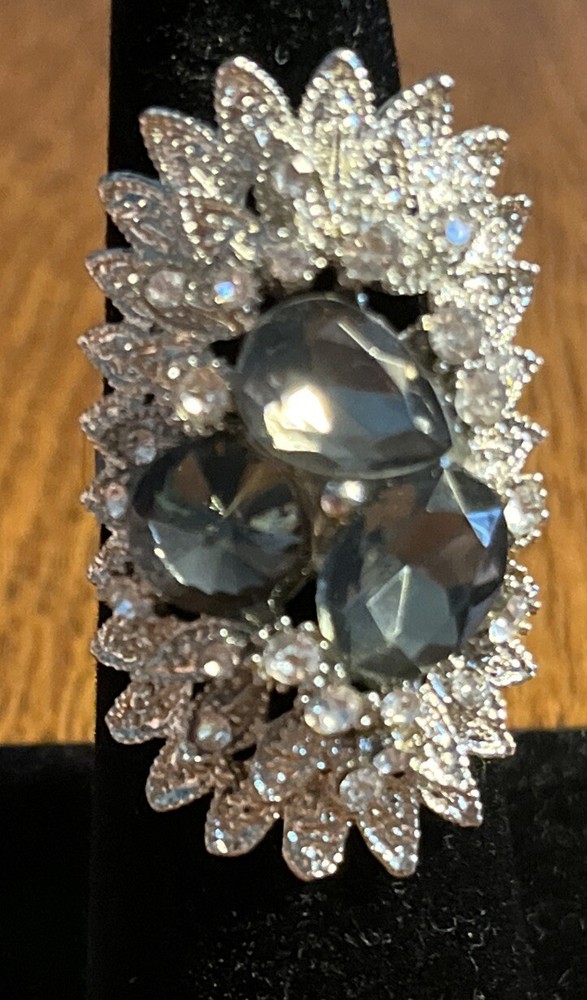 SILVER TONE W 3 AMETHYSTS STONES OVAL PEAR ROUND +RHINESTONES ADJUSTABLE Sz 6.75
