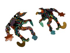 Vintage 80s Post Modern Whimsical Dancing Jester Earrings Sculptural Enamel 3D