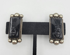 Vtg Mexico Silver Carved Onyx Tribal Mask Earrings Screw Back 1.25″