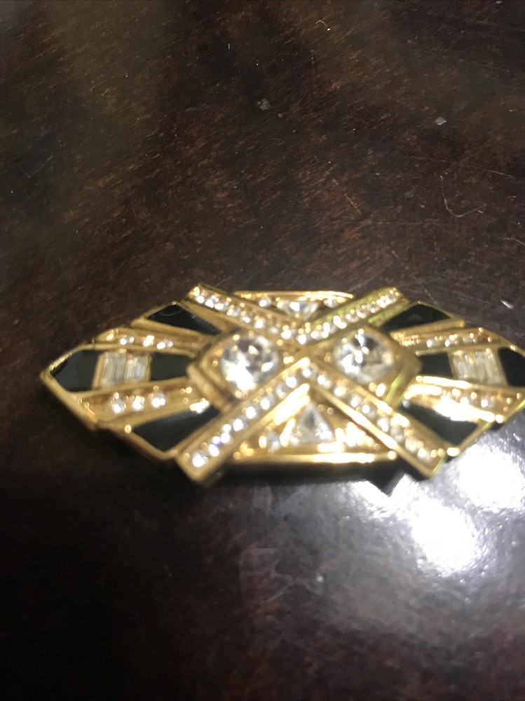 Vintage Jackie Collins Gold Tone Black Enamel Brooch Pin