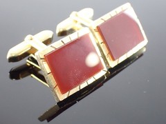 Vintage Gold Tone Red Stone Rectangular Cufflinks Mid Century Style