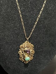 Vintage French Stamp Gold Plate Necklace Art Deco Purple Green Stones Pendant