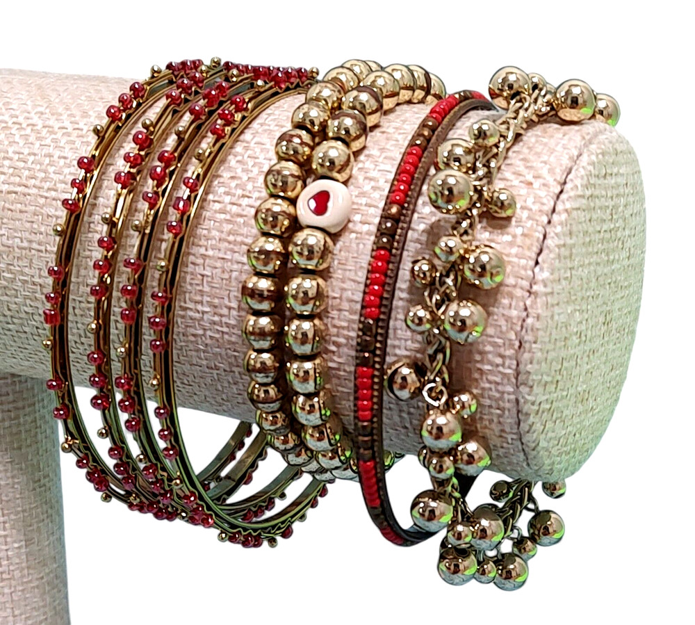 VTG 8pc Red Gold Tone Chunky Maximalist Everyday Statement Bracelets