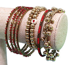 VTG 8pc Red Gold Tone Chunky Maximalist Everyday Statement Bracelets