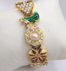 Vintage Christmas Slide Charm Bracelet Gold Tone Rhinestones Enamel Tree Gift 7″