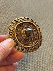 Vintage Israel 935 Silver Citrine Amethyst Cabochons Filigree Brooch Pin