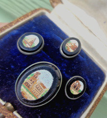 Micro Mosaic Booch & Collar Stud Button Set Italian Victorian Antique c1880s