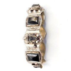 Vintage Mexican Alpaca Silver Obsidian Mask Panel Link Bracelet Hecho En Mexico