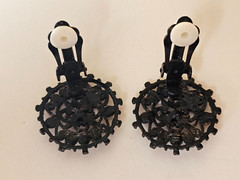 Vintage Japanned Black Filigree Iridescent Rhinestones Button Stud Clip Earrings