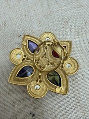 Vintage @TAT Multicolor Rhinestone Brooch – Faux Pearl Gold Tone Statement Pin