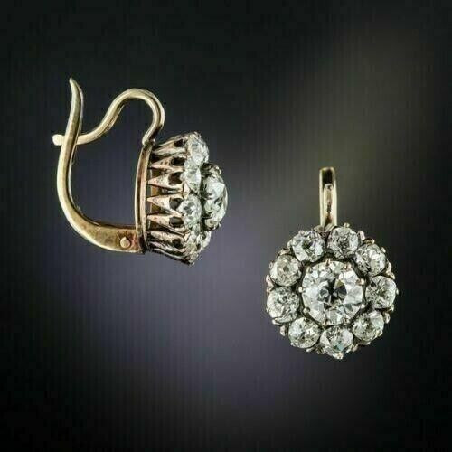 Cluster Floral Shape Halo Earrings 2.4 Ct Simulated Diamond 14K Yellow Gold Over