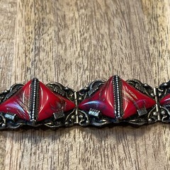 Impressive Vtg Czech Art Glass Red & Copper swirl triangle Bracelet