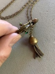 RARE Antique Brass CZECH Unique Necklace Tassel Stone Chatelaine Pulley Fob