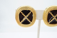 Vintage Clip On Earrings Gold Tone Black Enamel