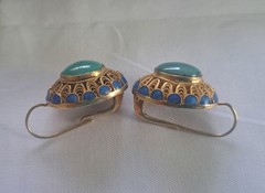 Vintage Gold Gilt Sterling Silver Turquoise Blue Enamel Dangle Earrings Jewelry
