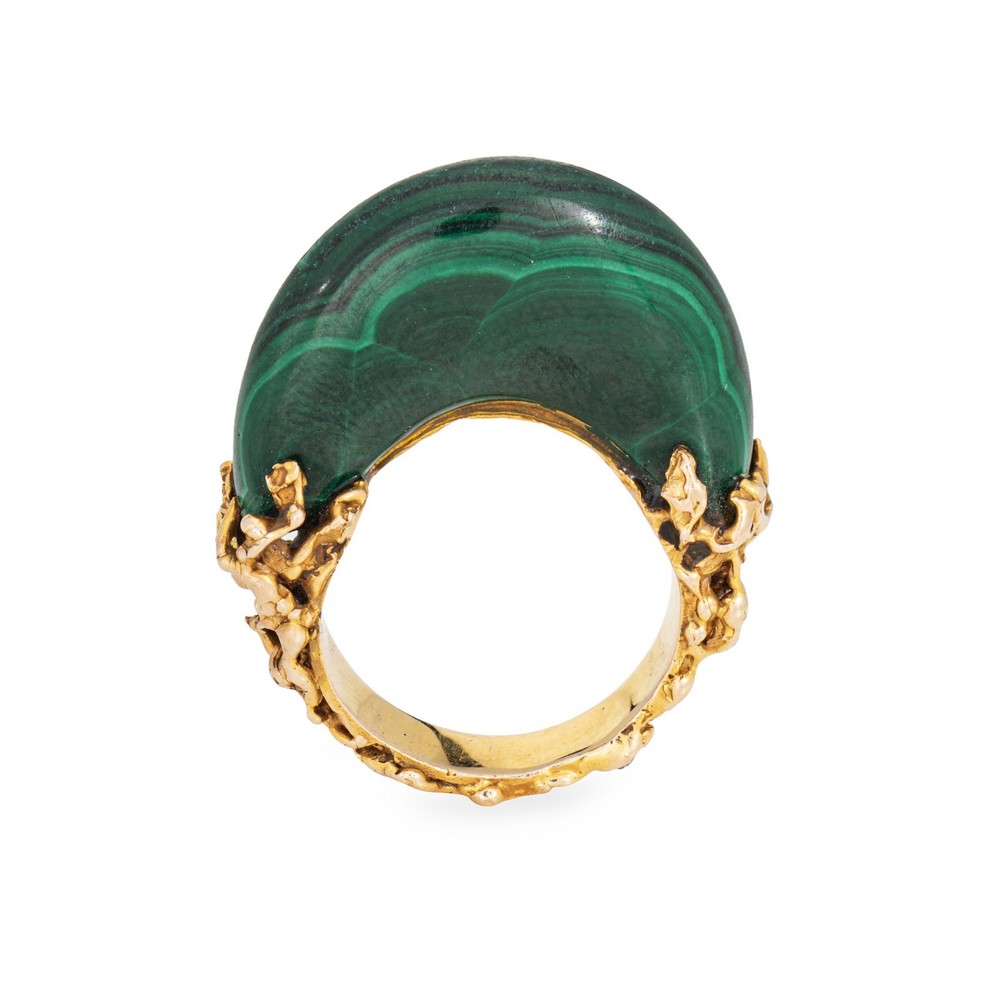 70s Vintage Malachite Brutalist Ring High Dome Sz 6.5 14k Yellow Gold Jewelry