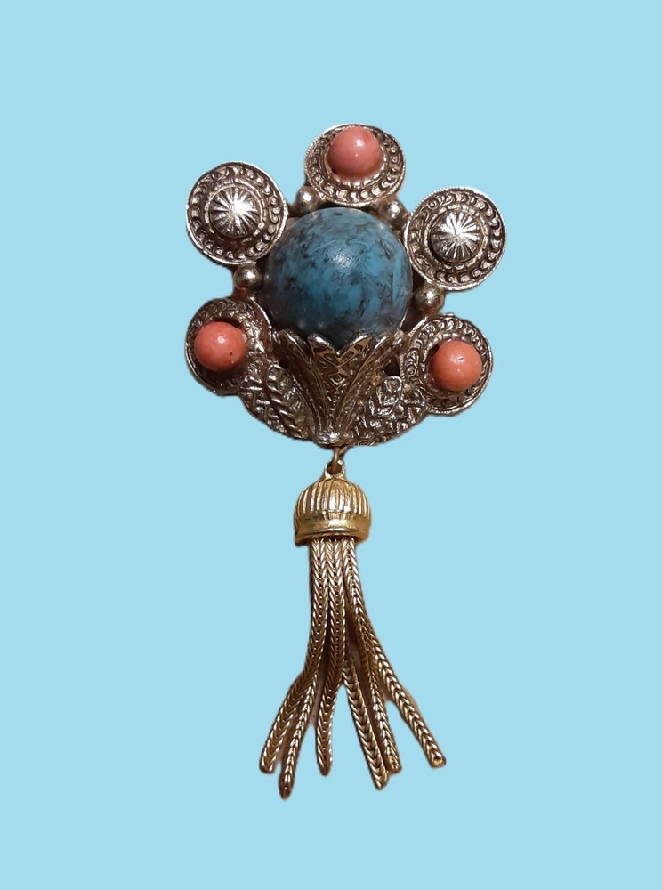 Vntg Boho Style Brooch Faux Turquoise & Coral