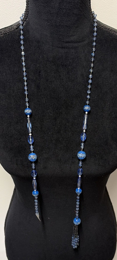 Antique Flapper Cobalt Blue Art Glass Bead Necklace 22″ Art Deco Tassel