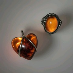 Vintage Sterling Silver Amber Puffy Heart Pendant & Sterling Amber Ring Sz 7.5
