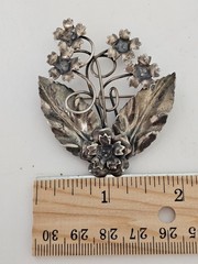 925 Sterling Silver Floral Brooch 2″ Antique Art Deco Roses Pin 9.6 Grams
