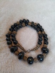 Vintage Graduated Varied Black Shiny Cool Beaded Necklace With Metal Spacers