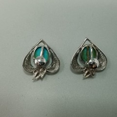 Vintage Sterling Silver Blue Cabochon Filigree Heart Clip On Screw Back Earrings