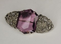 Vintage Marcasite Rhinestones Huge Purple Glass Stone Brooch