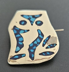 Vintage Taxco Mexico Alpaca Silver Owl Brooch Pin Turquoise Inlay Mexican Artisa