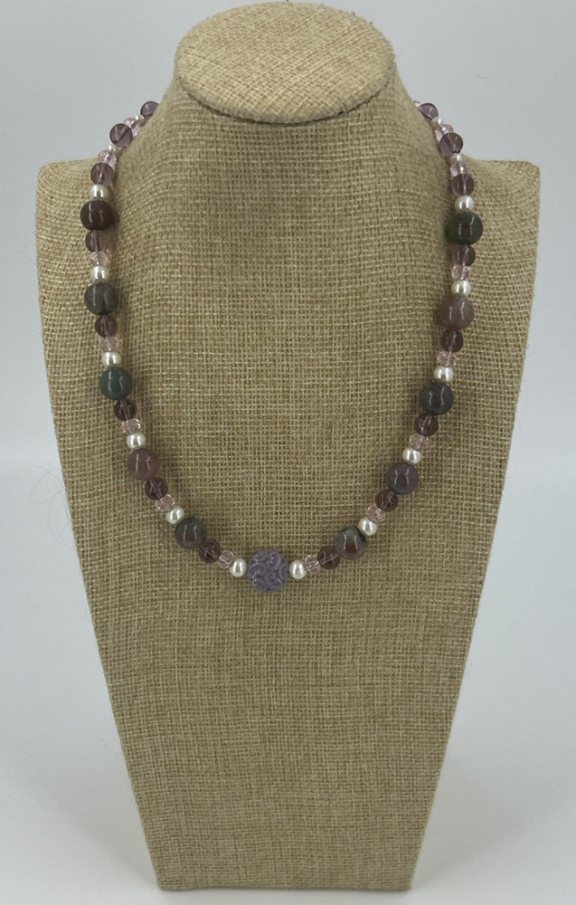 Natural Stone Necklace Green Purple Crystals Choker 17 Inch