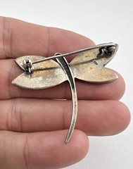 Vintage Sterling Silver Flush Gemstone Inlay Dragonfly Pin Brooch Pendant 2″