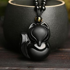 Vintage Exquisite Obsidian Fox Pendant Beaded Chain Necklace Charm Unisex Amulet