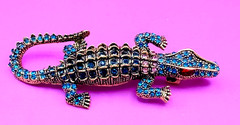 Gold Tone Blue & Pink Rhinestones Alligator Brooch Contemporary