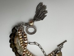 Vintage Sterling Silver Smoky Quartz Pearl 5 Strand Bracelet 8” JB23