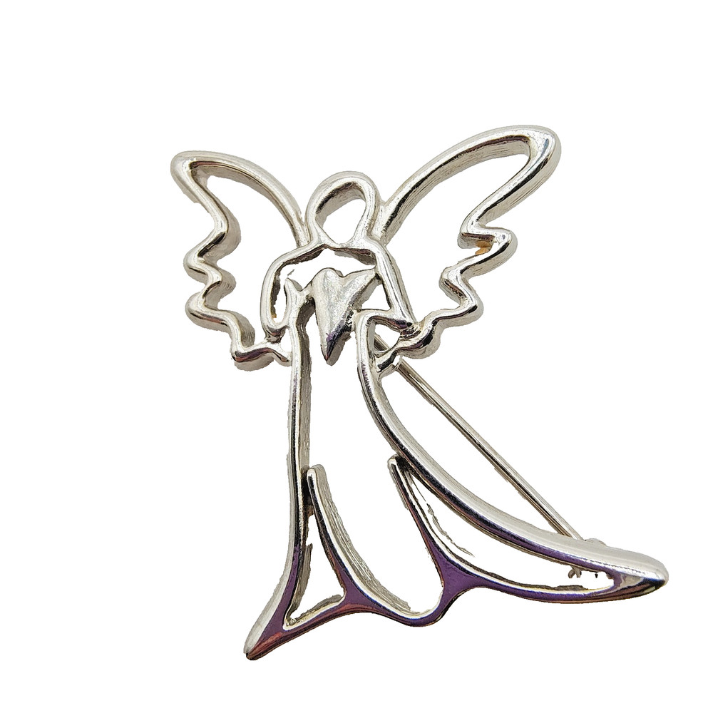 Vintage Guardian Angel Brooch Silver Tone Holding Heart Openwork Celestial Love