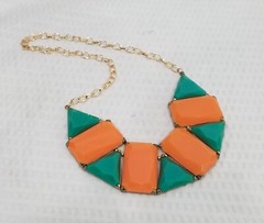 Vintage Orange and Green Acrylic Geo Tile Mosiac Bib Gold Tone Choker Necklace