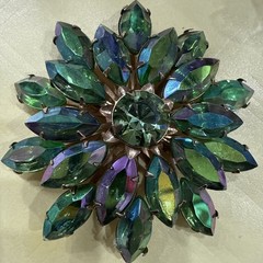 Vintage Judy Lee? Brooch Flower Blue Green Navette & Aurora Borealis Rhinestone