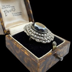 6.8g Antique Vintage Art Deco 925 Sterling Silver Marcasite Obsidian Ring S 4.25