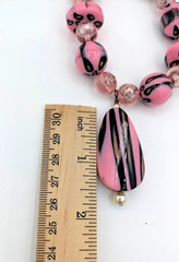 Vintage Glass Necklace Pink Black Art Glass Beaded Pendant 18 Inch