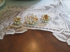 Vintage Cluster Bead Brooch & Earrings set, Faux Pearls, Rhinestones & Gold Rose