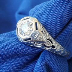 Original EARTH MINED DIAMOND Deco Engagement Ring 18K WHITE GOLD Solitaire S 6