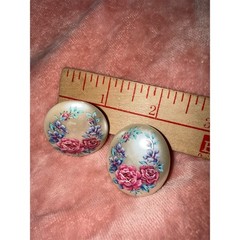 Limoges Vintage Floral Rose Domed Cabochon Oval Stud Earrings 1.25 in