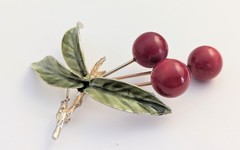 Vtg Large Red Cherry Enamel Cherry Fruit Leaf Brooch 3.25″