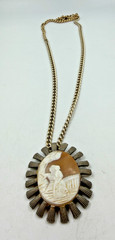 Vintage Necklace Cameo Pendant Shell People Scene Art Oval Silvertone
