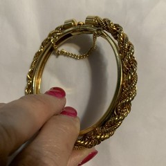 Vintage Rare Braided Rope Hinged Bangle gold tone Bracelet W/Safety Chain