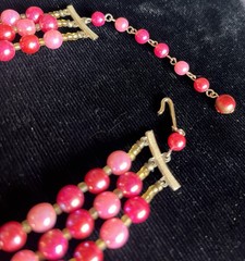 vintage triple strand pink/gold beaded choker gold-tone hook clasp Japan