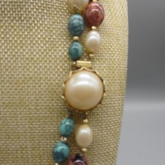 Vintage Hong Kong Necklace Mottled Beads Green Orange Simulated Pearl 19 Inch