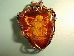 HAND CARVED REVERSE INTAGLIO BALTIC AMBER PENDANT FAIRY NYMPH LADY IN 925 SILVER